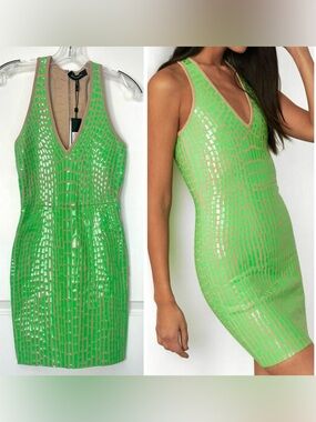 NWT BCBG MaxAzria Gemma Vinyl Bodyon Dress Vibrant Green Scale Pattern *Flawed*